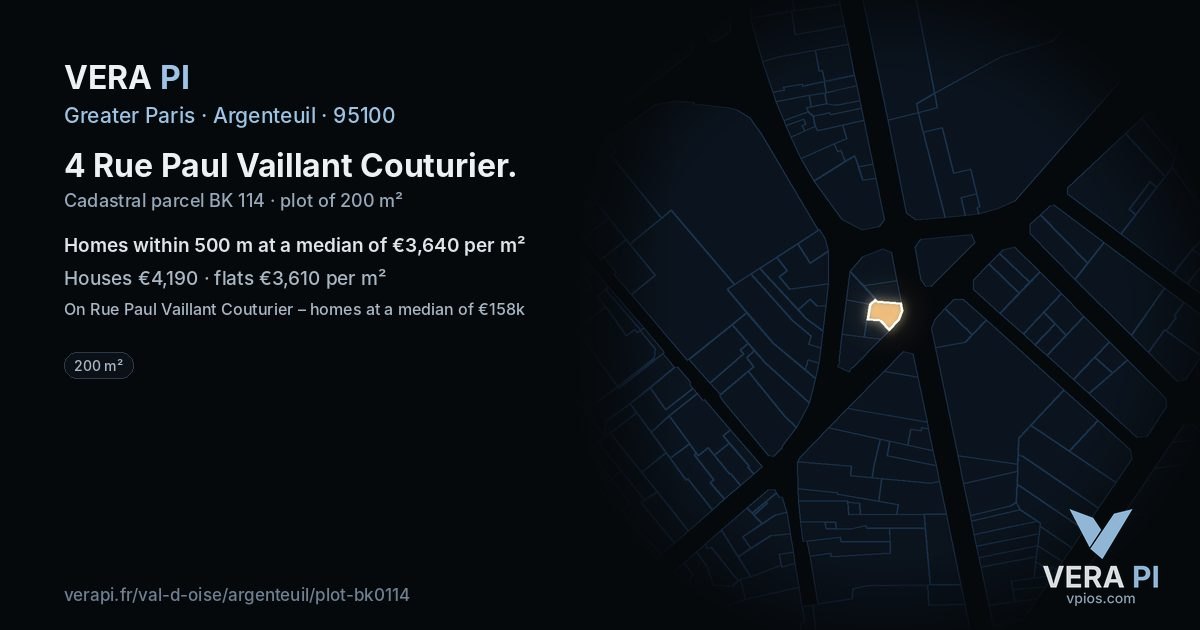 4 Rue Paul Vaillant Couturier, Argenteuil at night – the plot lit, the parcels around coloured by the prices near them
