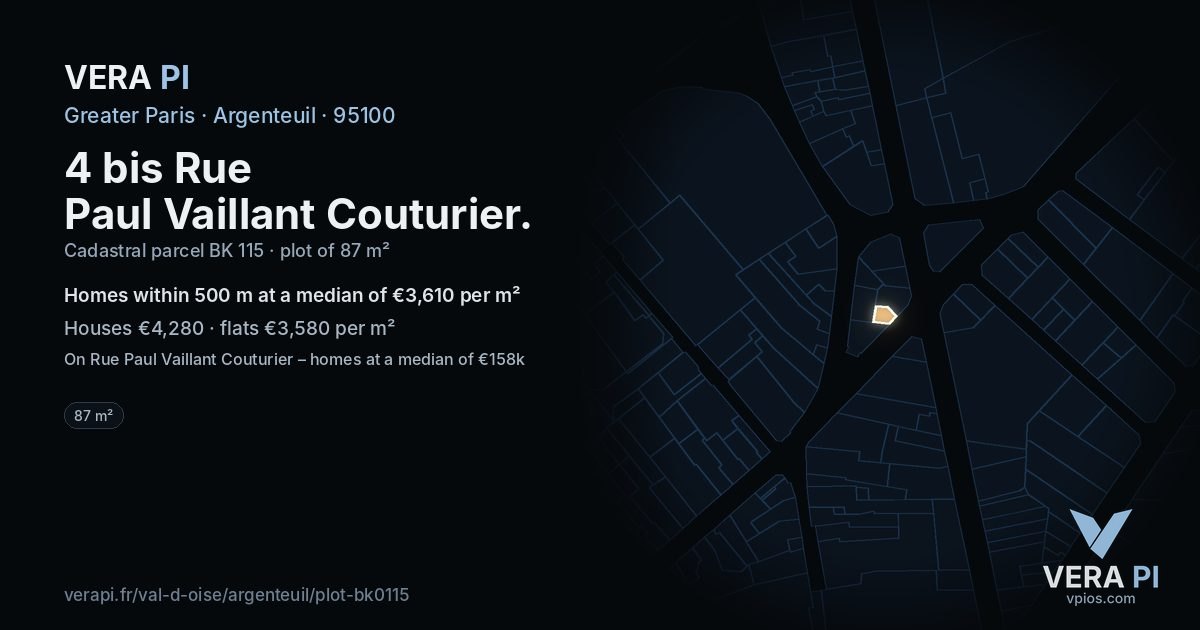 4 bis Rue Paul Vaillant Couturier, Argenteuil at night – the plot lit, the parcels around coloured by the prices near them