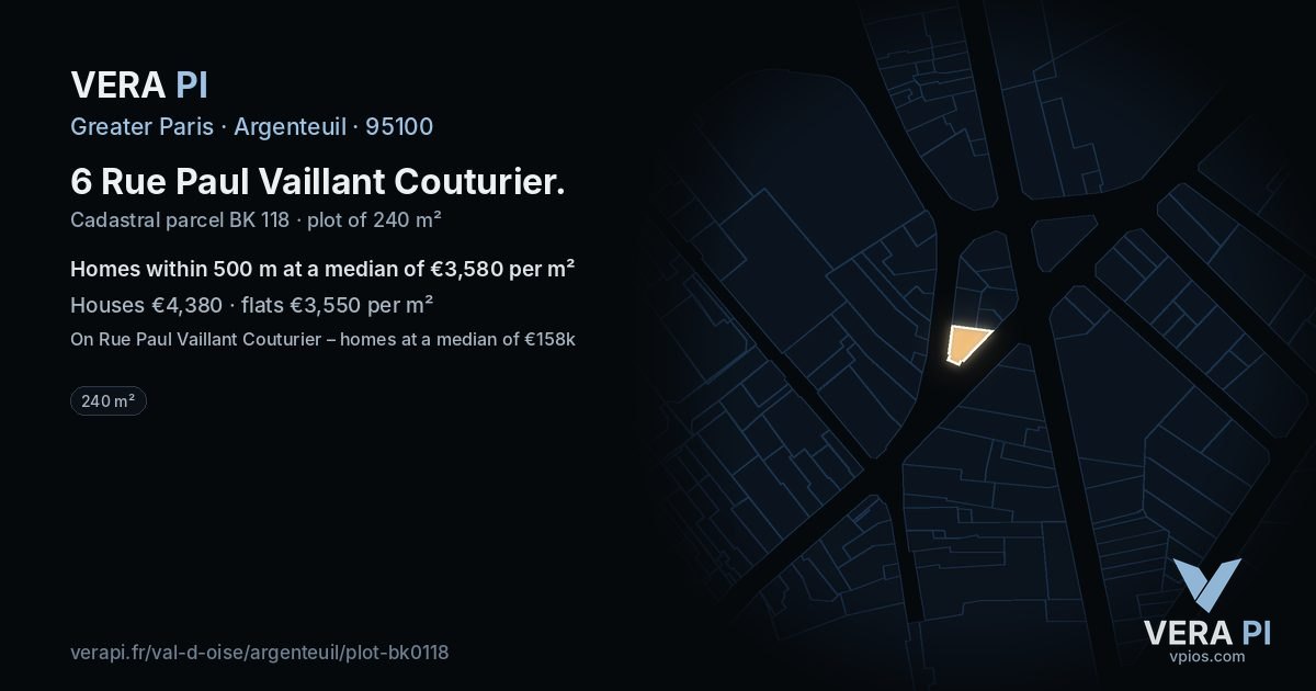 6 Rue Paul Vaillant Couturier, Argenteuil at night – the plot lit, the parcels around coloured by the prices near them