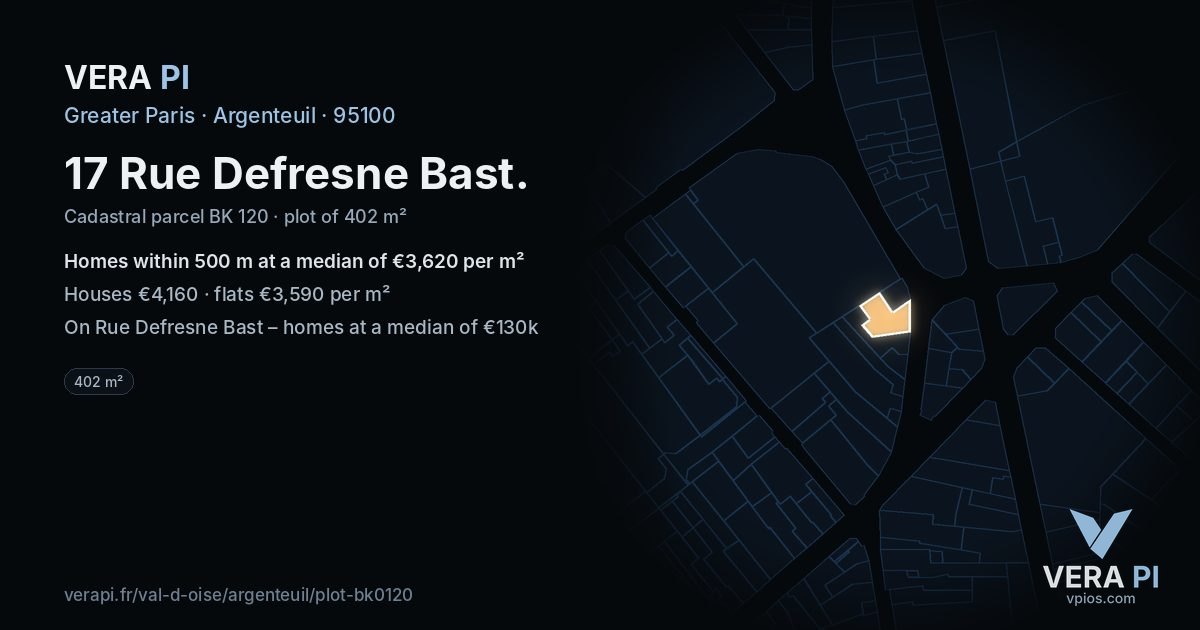 17 Rue Defresne Bast, Argenteuil at night – the plot lit, the parcels around coloured by the prices near them