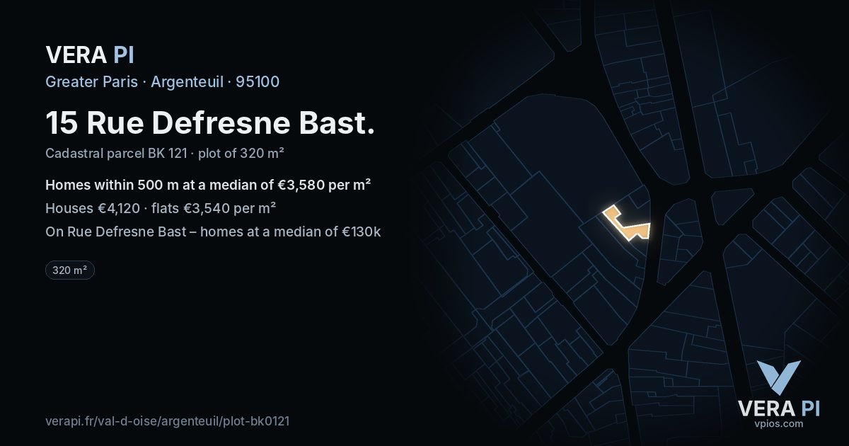 15 Rue Defresne Bast, Argenteuil at night – the plot lit, the parcels around coloured by the prices near them