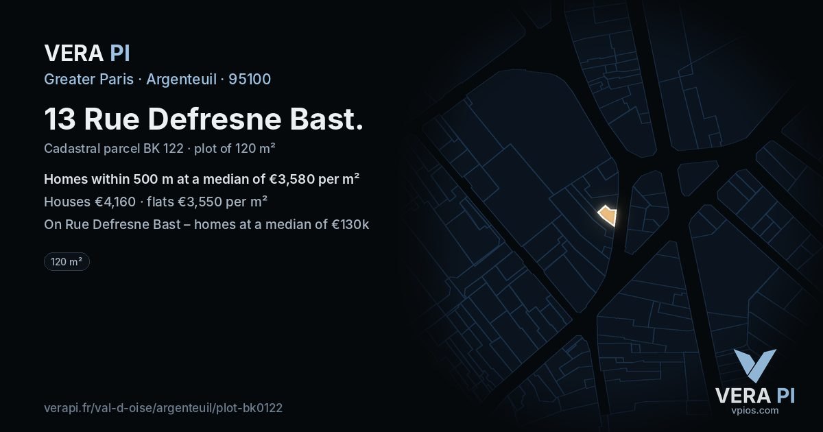 13 Rue Defresne Bast, Argenteuil at night – the plot lit, the parcels around coloured by the prices near them