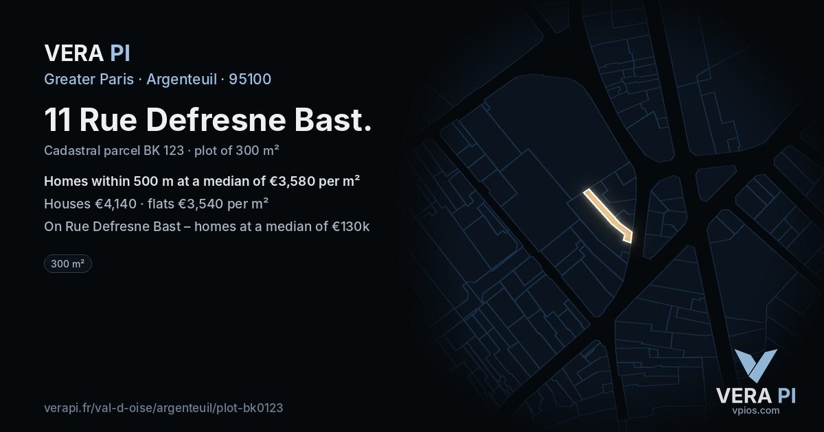 11 Rue Defresne Bast, Argenteuil at night – the plot lit, the parcels around coloured by the prices near them