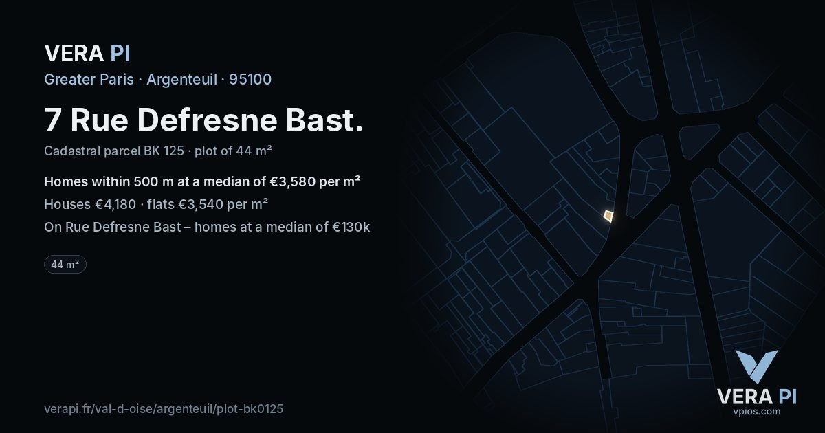 7 Rue Defresne Bast, Argenteuil at night – the plot lit, the parcels around coloured by the prices near them