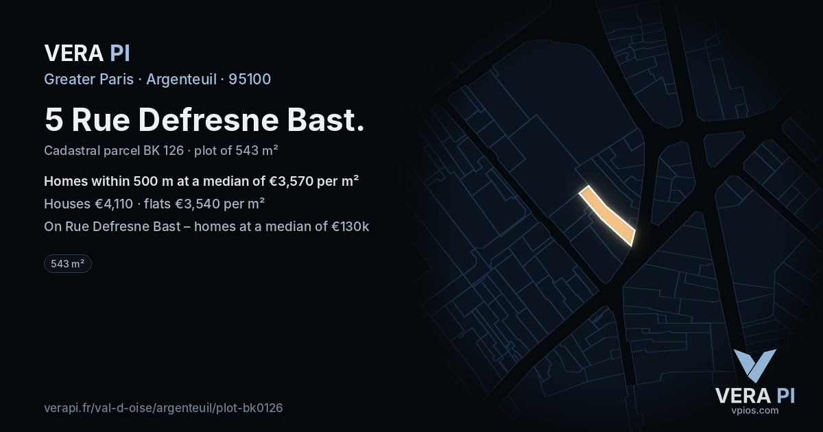 5 Rue Defresne Bast, Argenteuil at night – the plot lit, the parcels around coloured by the prices near them