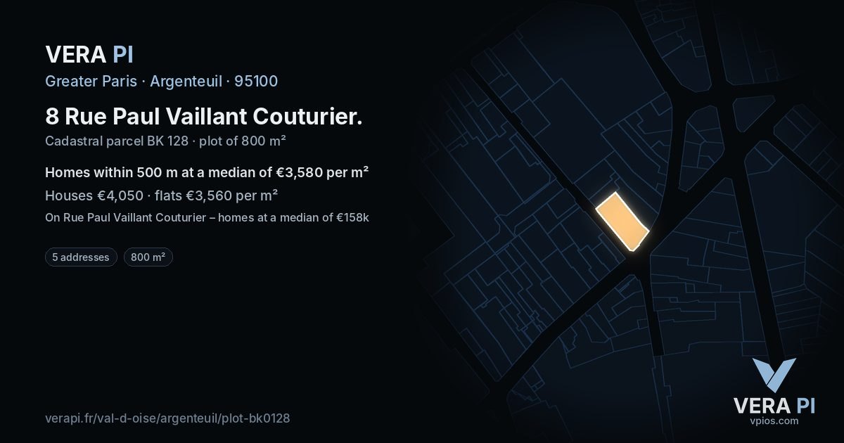 8 Rue Paul Vaillant Couturier, Argenteuil at night – the plot lit, the parcels around coloured by the prices near them