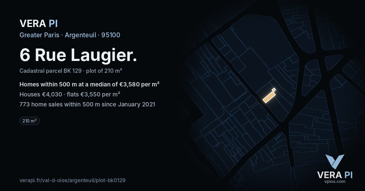 6 Rue Laugier, Argenteuil at night – the plot lit, the parcels around coloured by the prices near them