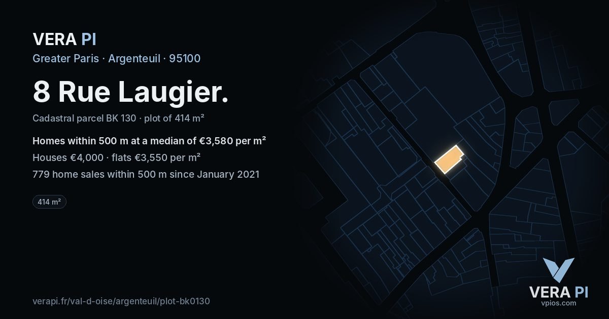 8 Rue Laugier, Argenteuil at night – the plot lit, the parcels around coloured by the prices near them