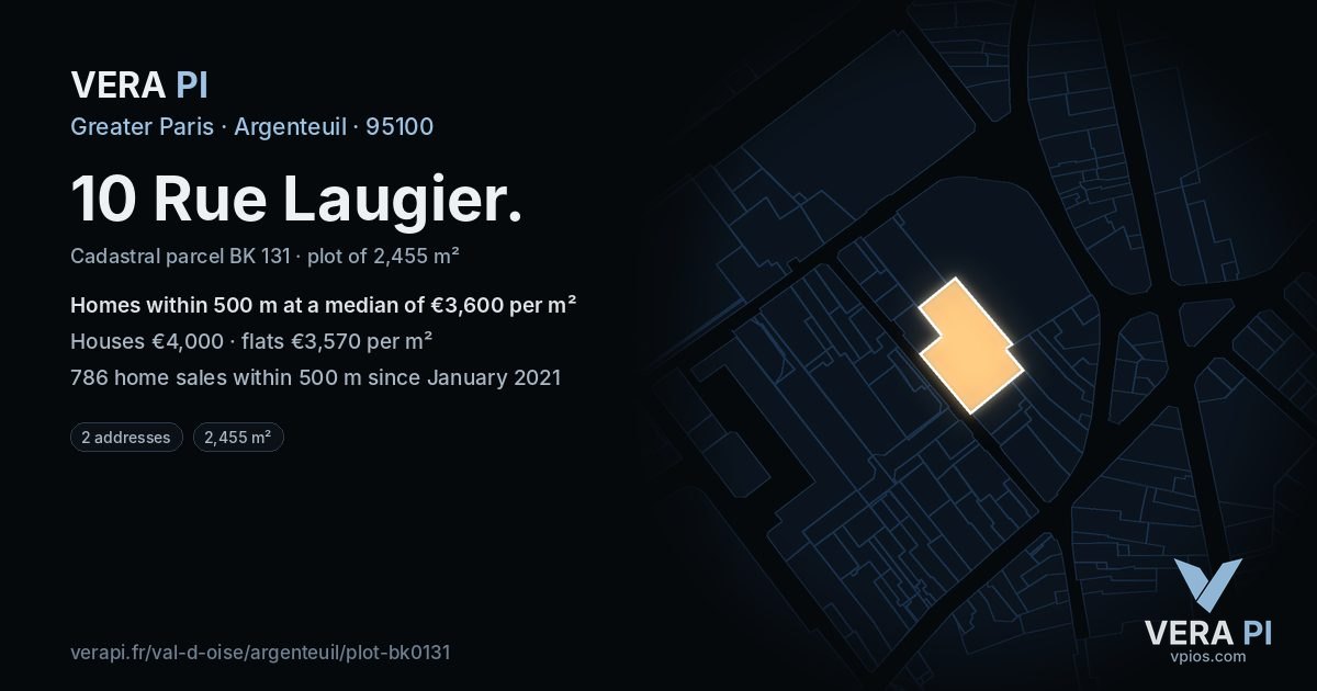 10 Rue Laugier, Argenteuil at night – the plot lit, the parcels around coloured by the prices near them