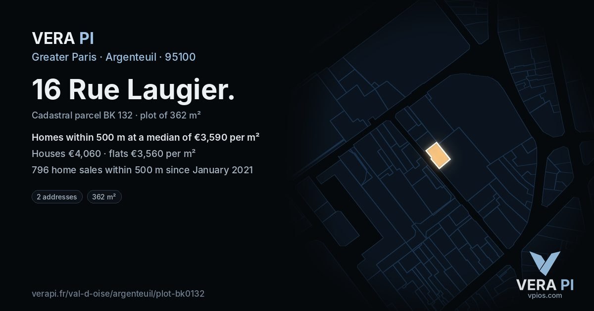 16 Rue Laugier, Argenteuil at night – the plot lit, the parcels around coloured by the prices near them