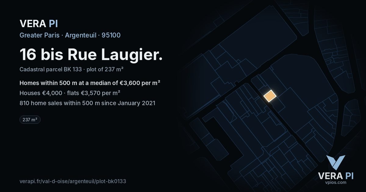 16 bis Rue Laugier, Argenteuil at night – the plot lit, the parcels around coloured by the prices near them