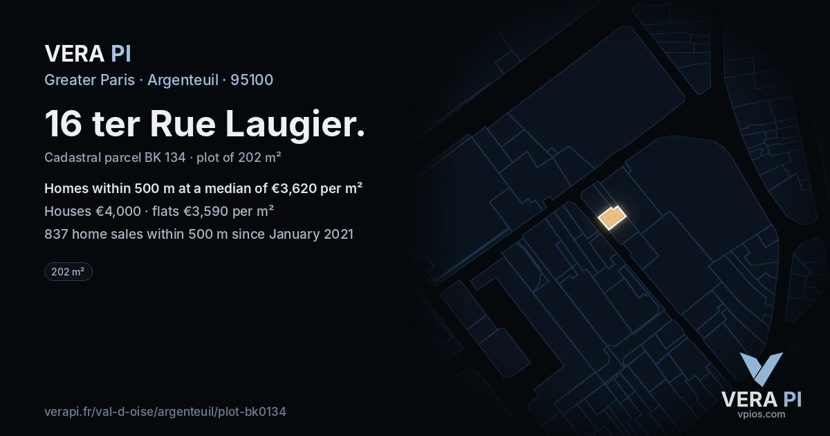 16 ter Rue Laugier, Argenteuil at night – the plot lit, the parcels around coloured by the prices near them