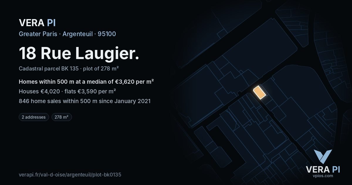 18 Rue Laugier, Argenteuil at night – the plot lit, the parcels around coloured by the prices near them
