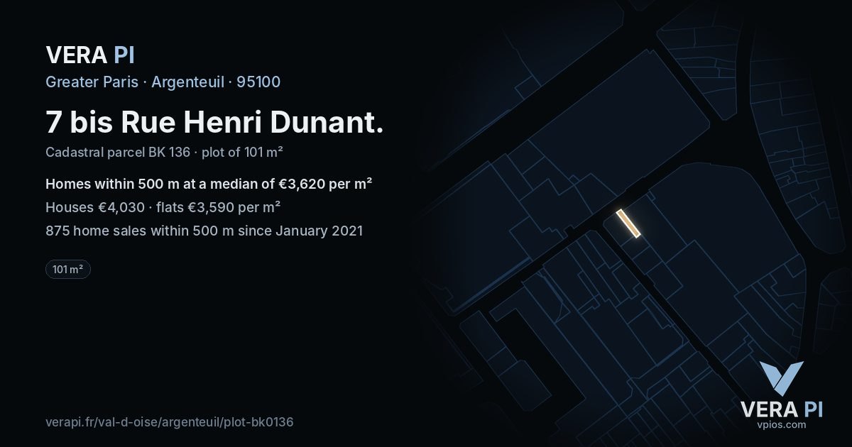 7 bis Rue Henri Dunant, Argenteuil at night – the plot lit, the parcels around coloured by the prices near them