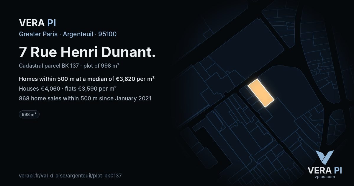 7 Rue Henri Dunant, Argenteuil at night – the plot lit, the parcels around coloured by the prices near them