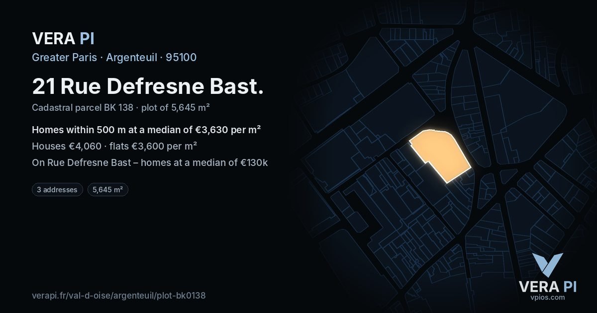 21 Rue Defresne Bast, Argenteuil at night – the plot lit, the parcels around coloured by the prices near them