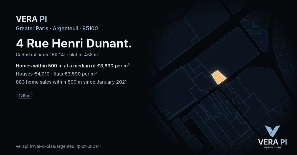 4 Rue Henri Dunant, Argenteuil at night – the plot lit, the parcels around coloured by the prices near them