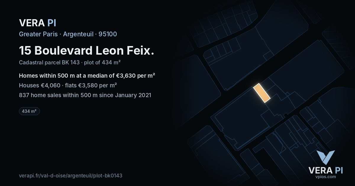 15 Boulevard Leon Feix, Argenteuil at night – the plot lit, the parcels around coloured by the prices near them