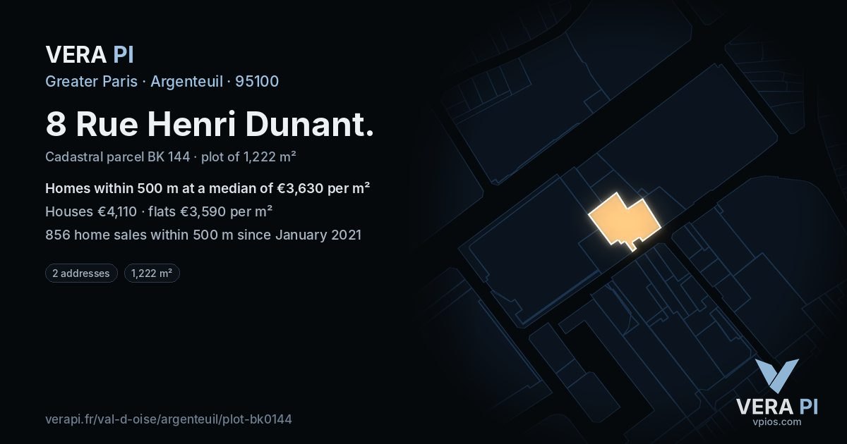 8 Rue Henri Dunant, Argenteuil at night – the plot lit, the parcels around coloured by the prices near them