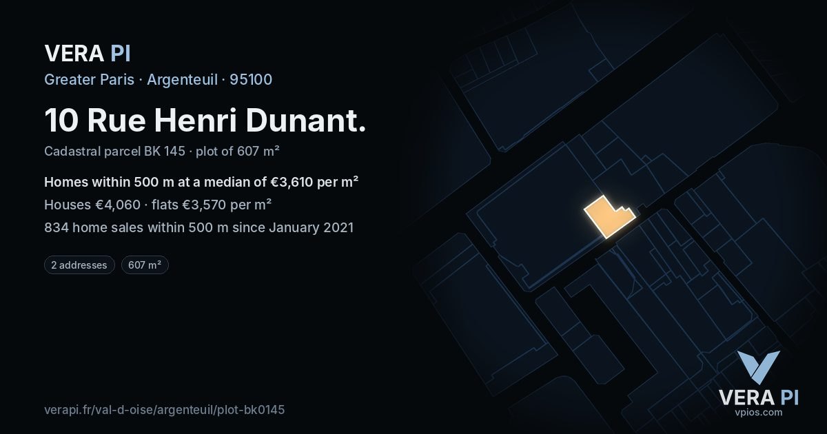 10 Rue Henri Dunant, Argenteuil at night – the plot lit, the parcels around coloured by the prices near them
