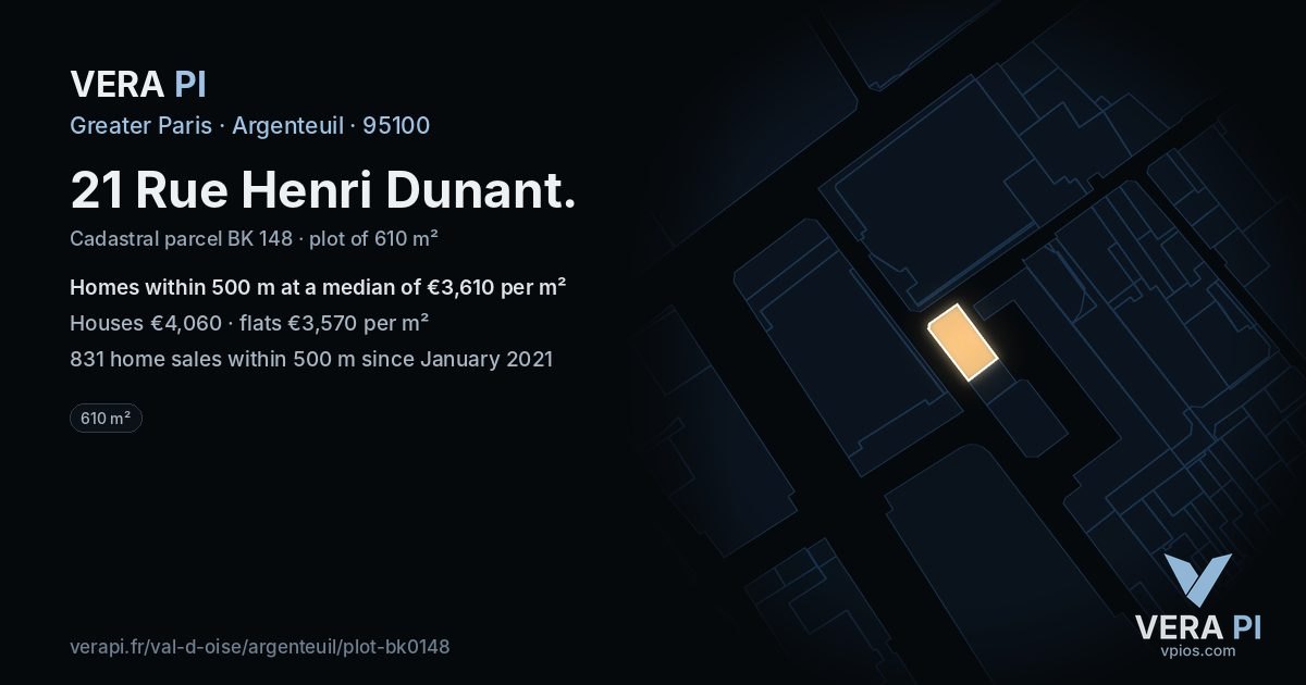 21 Rue Henri Dunant, Argenteuil at night – the plot lit, the parcels around coloured by the prices near them