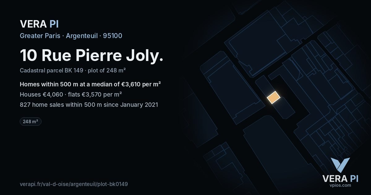 10 Rue Pierre Joly, Argenteuil at night – the plot lit, the parcels around coloured by the prices near them