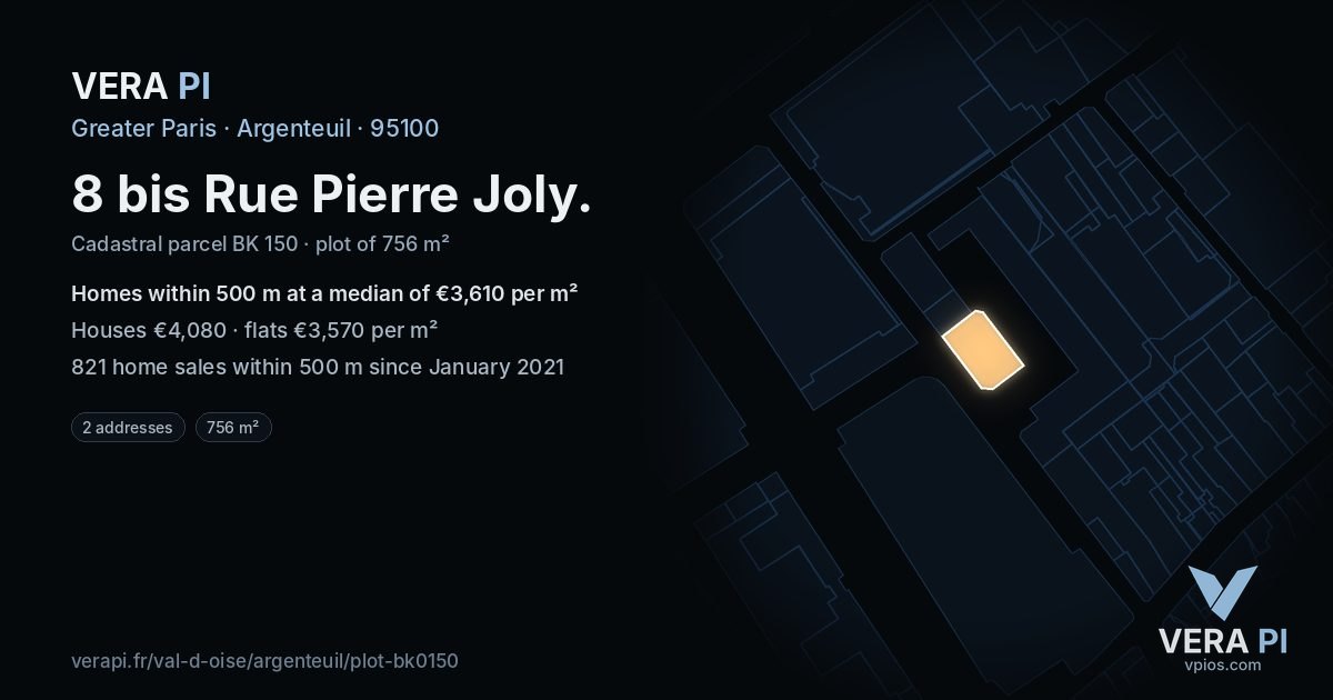 8 bis Rue Pierre Joly, Argenteuil at night – the plot lit, the parcels around coloured by the prices near them