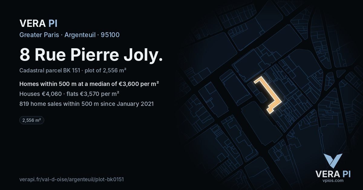 8 Rue Pierre Joly, Argenteuil at night – the plot lit, the parcels around coloured by the prices near them