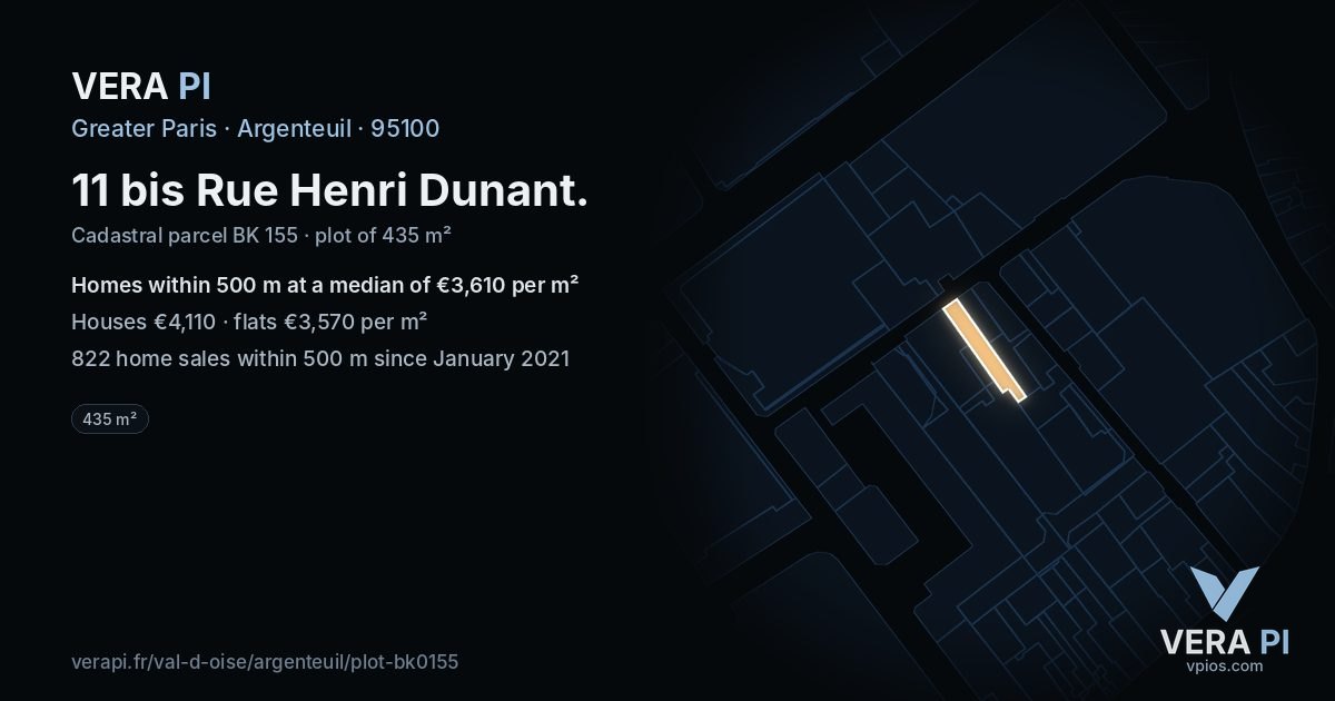 11 bis Rue Henri Dunant, Argenteuil at night – the plot lit, the parcels around coloured by the prices near them
