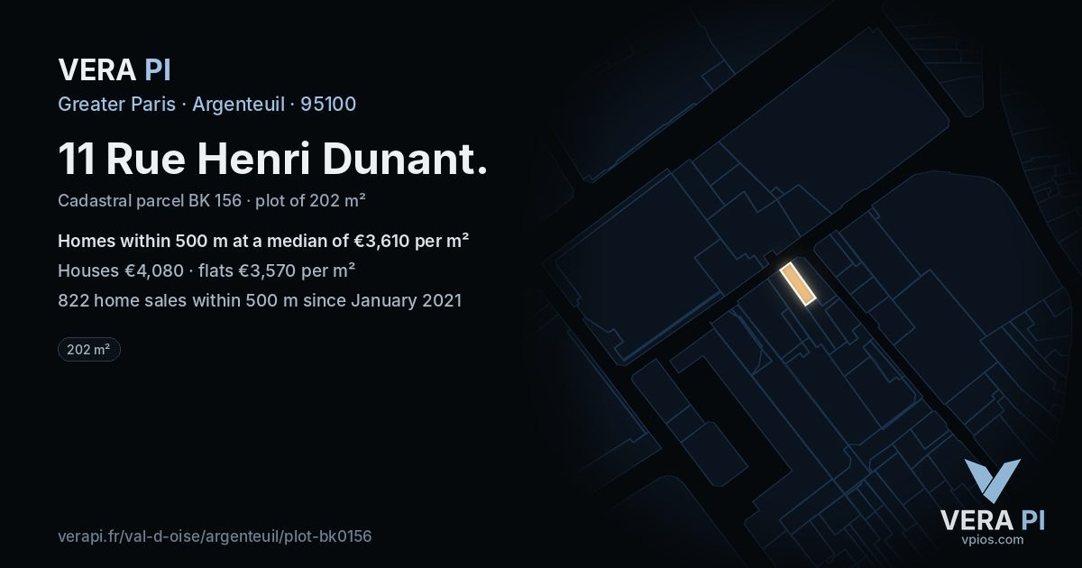 11 Rue Henri Dunant, Argenteuil at night – the plot lit, the parcels around coloured by the prices near them
