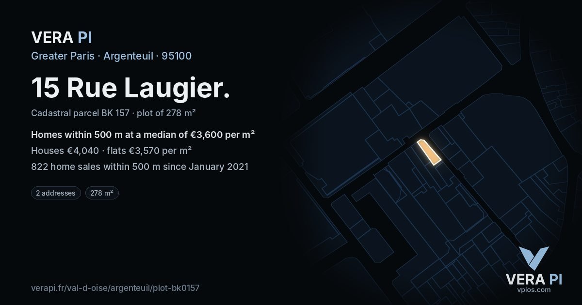 15 Rue Laugier, Argenteuil at night – the plot lit, the parcels around coloured by the prices near them