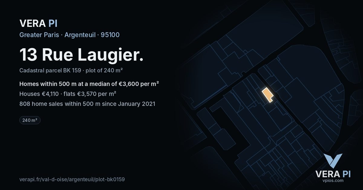13 Rue Laugier, Argenteuil at night – the plot lit, the parcels around coloured by the prices near them