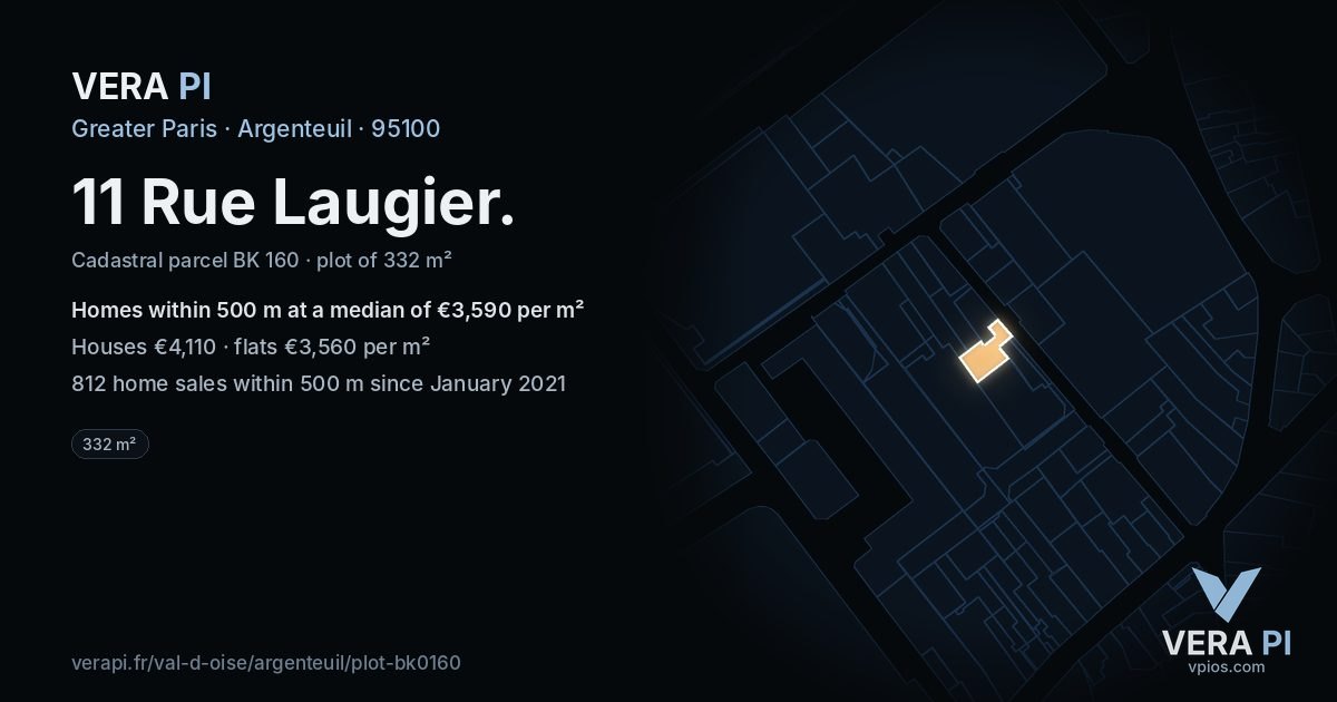 11 Rue Laugier, Argenteuil at night – the plot lit, the parcels around coloured by the prices near them