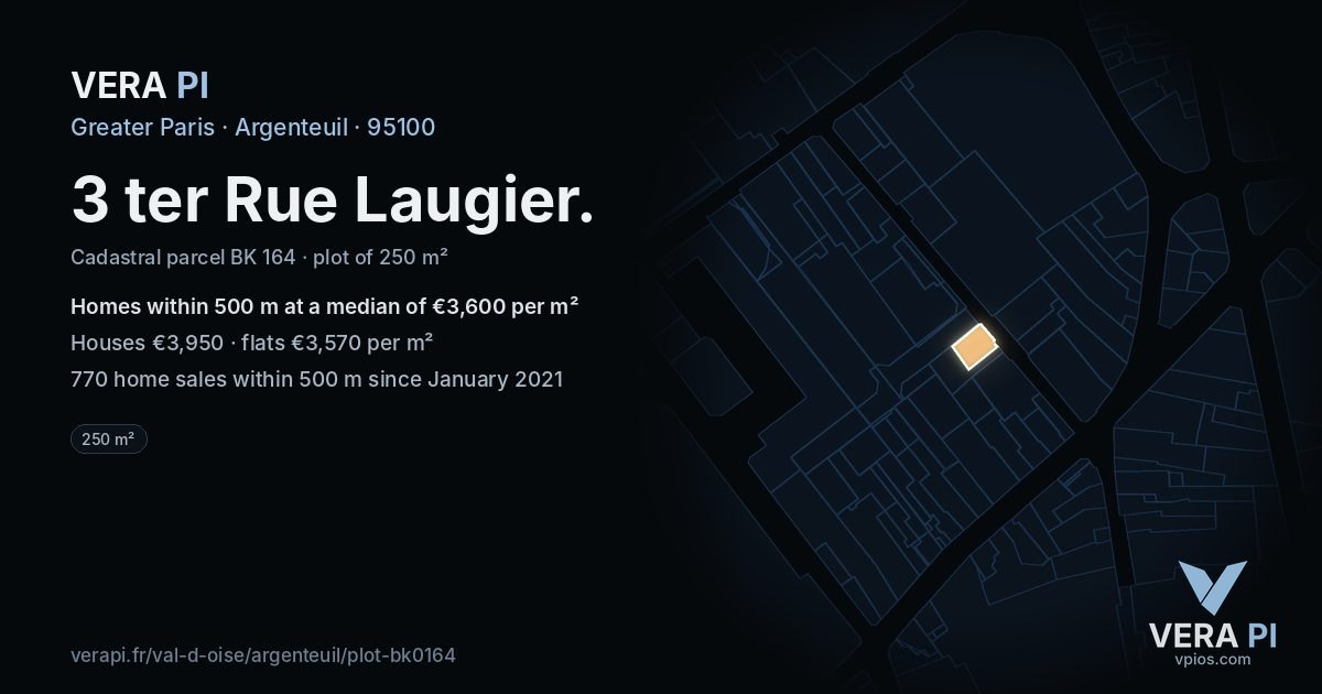 3 ter Rue Laugier, Argenteuil at night – the plot lit, the parcels around coloured by the prices near them