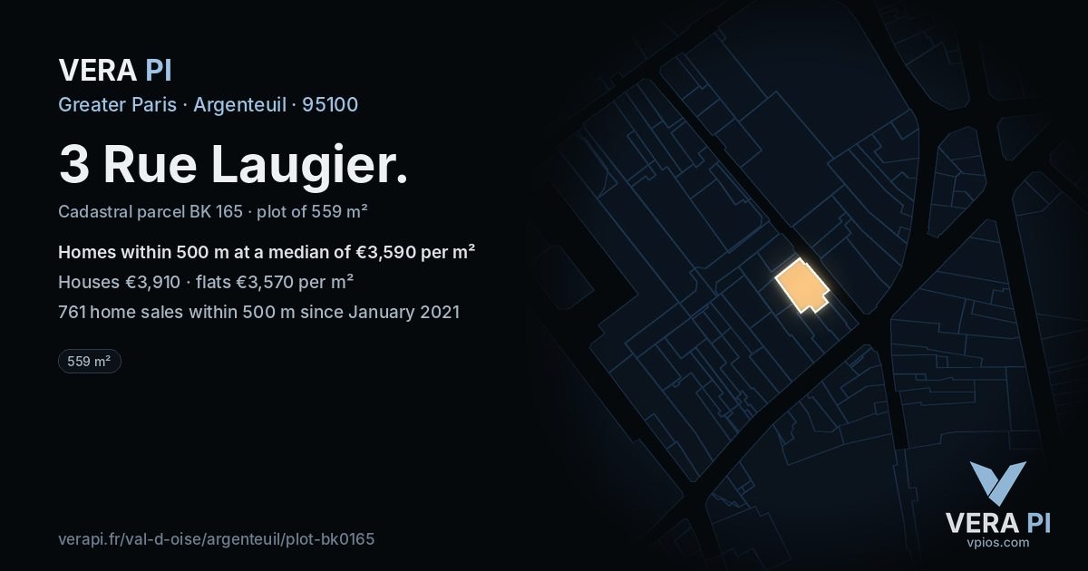 3 Rue Laugier, Argenteuil at night – the plot lit, the parcels around coloured by the prices near them