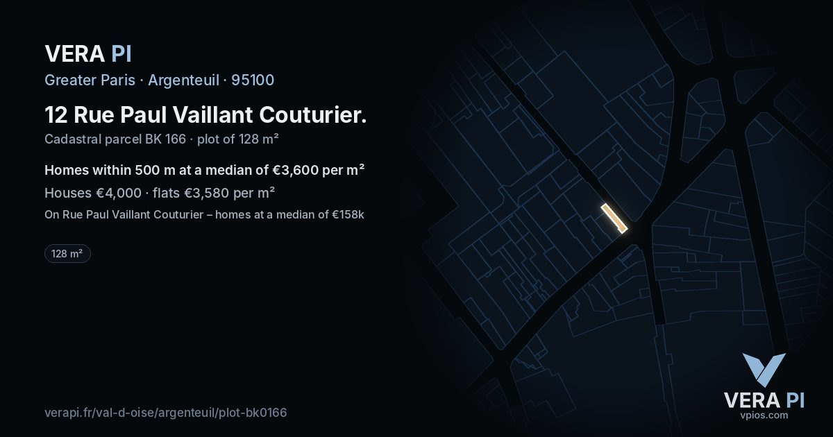 12 Rue Paul Vaillant Couturier, Argenteuil at night – the plot lit, the parcels around coloured by the prices near them