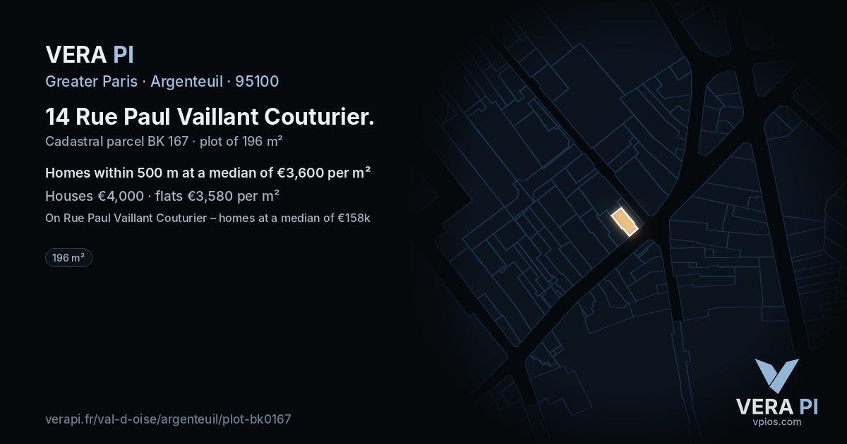 14 Rue Paul Vaillant Couturier, Argenteuil at night – the plot lit, the parcels around coloured by the prices near them