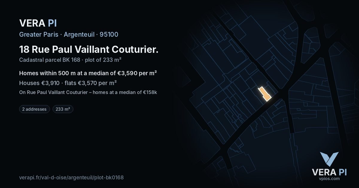 18 Rue Paul Vaillant Couturier, Argenteuil at night – the plot lit, the parcels around coloured by the prices near them
