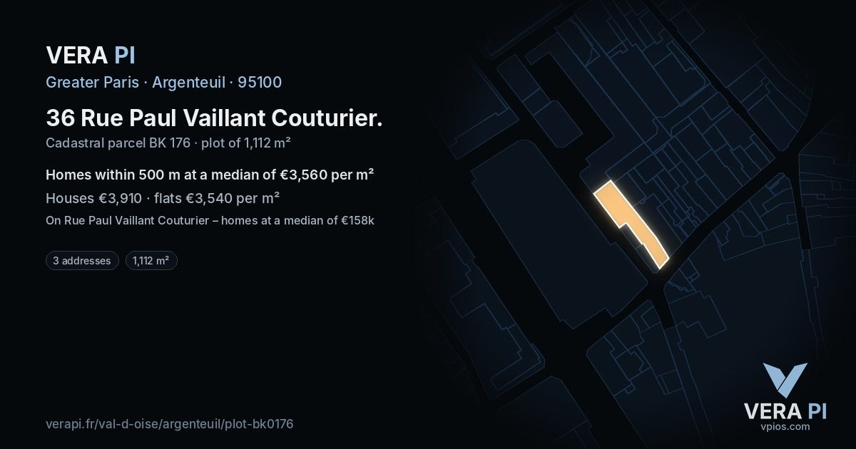 36 Rue Paul Vaillant Couturier, Argenteuil at night – the plot lit, the parcels around coloured by the prices near them