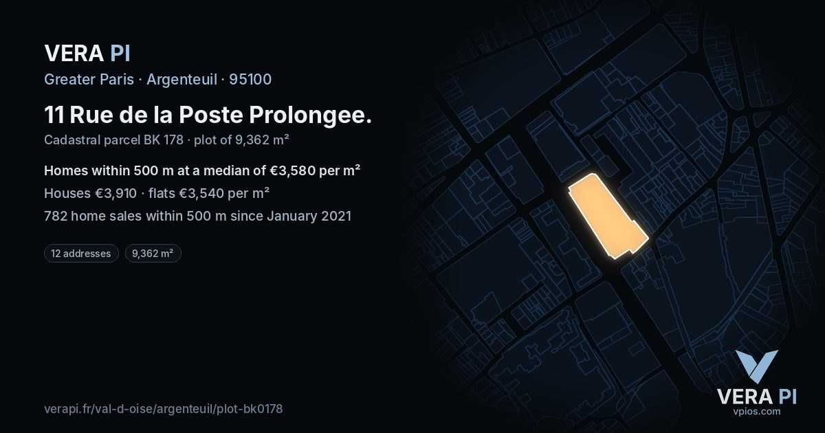 11 Rue de la Poste Prolongee, Argenteuil at night – the plot lit, the parcels around coloured by the prices near them