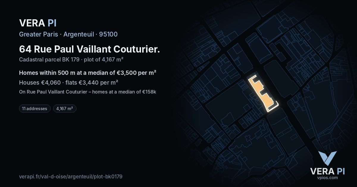 64 Rue Paul Vaillant Couturier, Argenteuil at night – the plot lit, the parcels around coloured by the prices near them