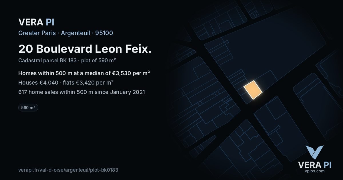 20 Boulevard Leon Feix, Argenteuil at night – the plot lit, the parcels around coloured by the prices near them