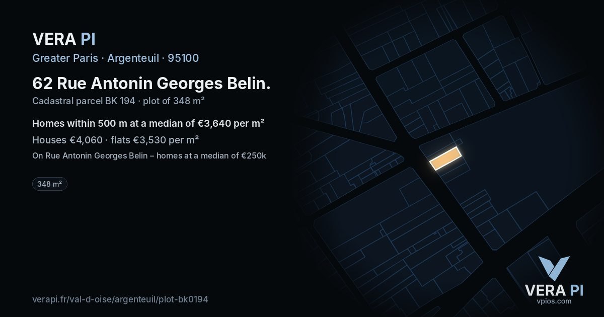 62 Rue Antonin Georges Belin, Argenteuil at night – the plot lit, the parcels around coloured by the prices near them