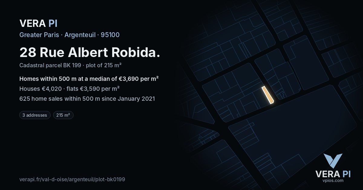 28 Rue Albert Robida, Argenteuil at night – the plot lit, the parcels around coloured by the prices near them