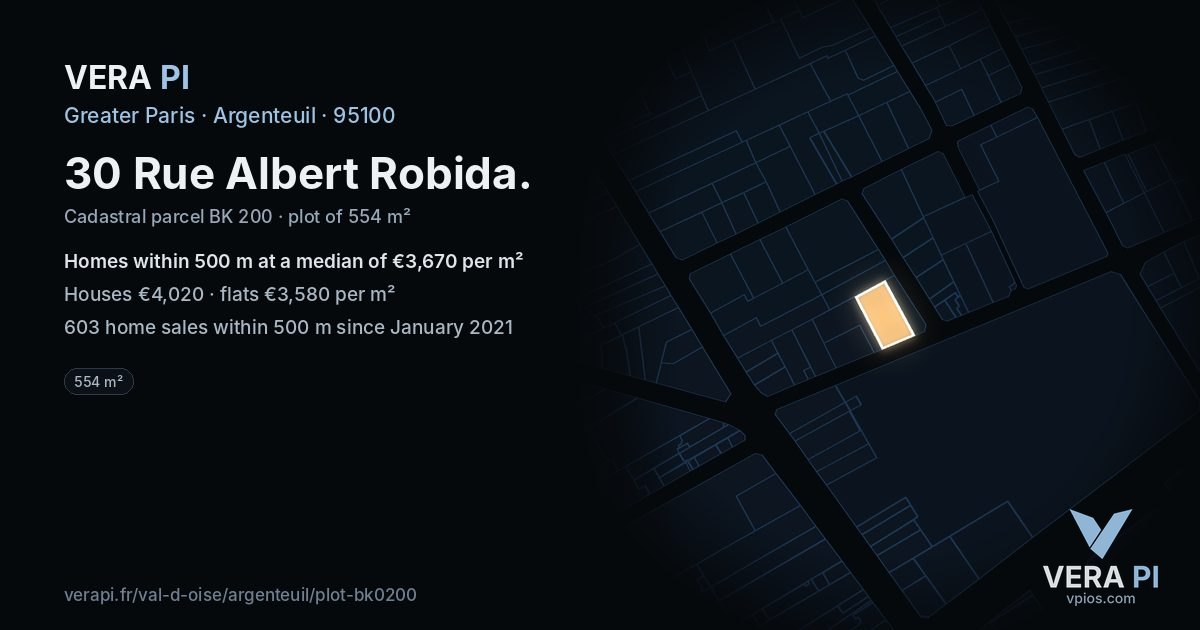 30 Rue Albert Robida, Argenteuil at night – the plot lit, the parcels around coloured by the prices near them