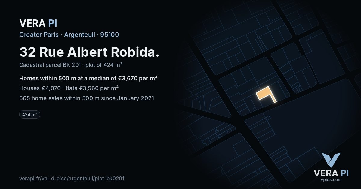 32 Rue Albert Robida, Argenteuil at night – the plot lit, the parcels around coloured by the prices near them