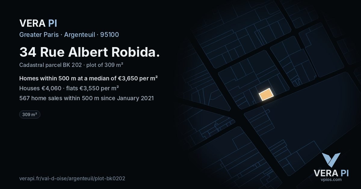 34 Rue Albert Robida, Argenteuil at night – the plot lit, the parcels around coloured by the prices near them