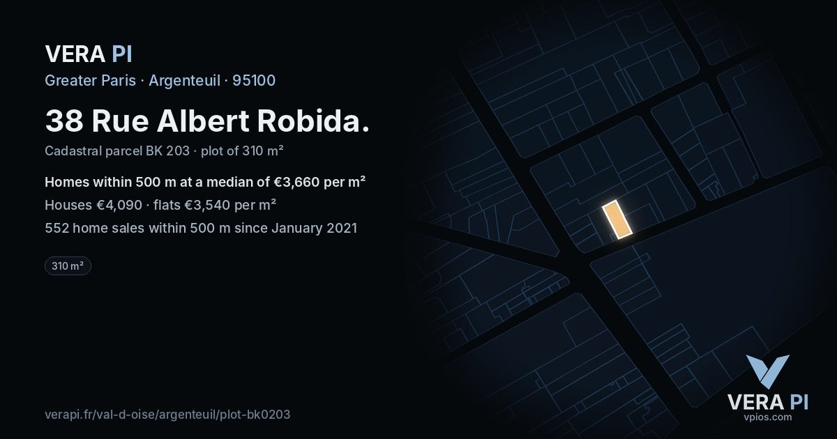 38 Rue Albert Robida, Argenteuil at night – the plot lit, the parcels around coloured by the prices near them