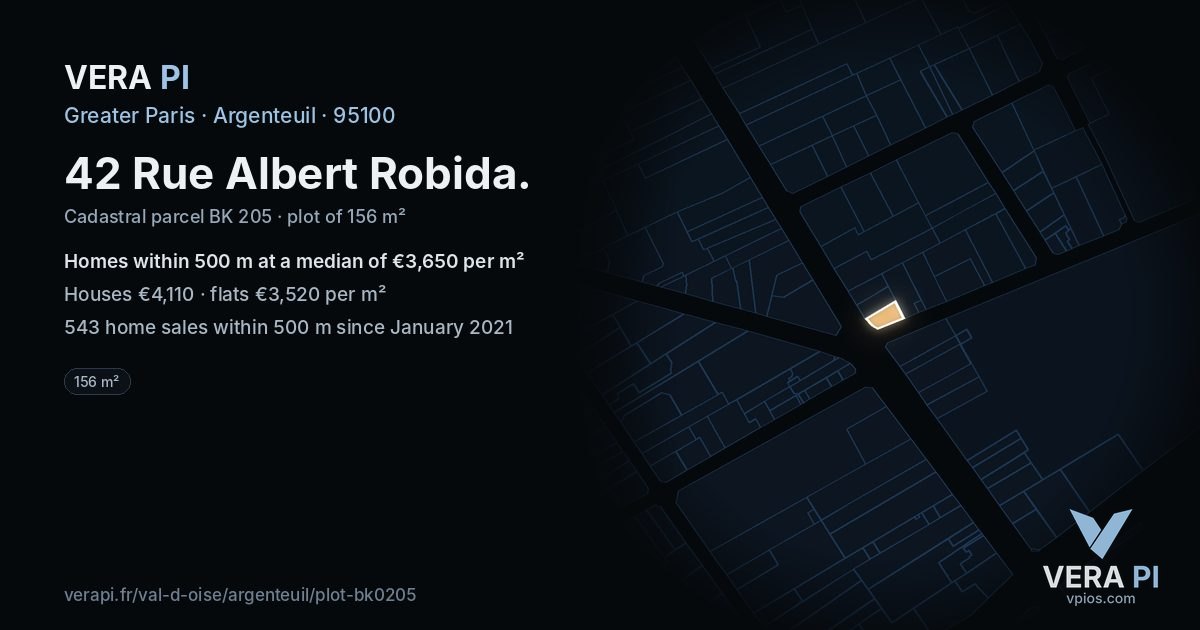 42 Rue Albert Robida, Argenteuil at night – the plot lit, the parcels around coloured by the prices near them