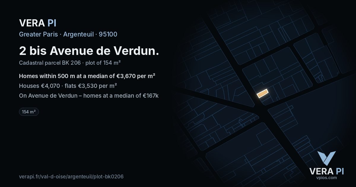2 bis Avenue de Verdun, Argenteuil at night – the plot lit, the parcels around coloured by the prices near them